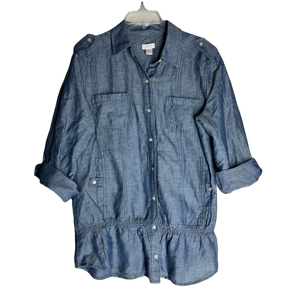 Chico's Womens Button Front Top Chambray Linen blend Rolled Sleeve Size 1 (M)